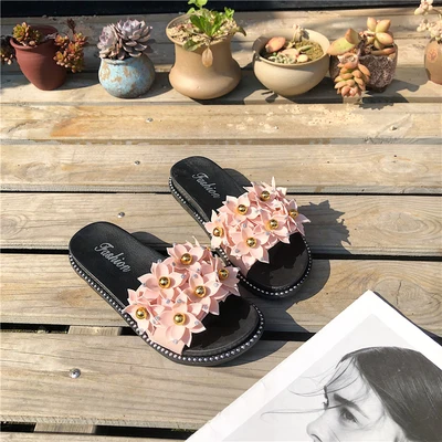 Pink 05 flats Милые тапочки с камелией; летние шлепанцы на плоской подошве с цветами для студентов; 5 стилей; удобные женские босоножки на небольшой танкетке; обувь 5 см - Цвет: Pink 05 flats