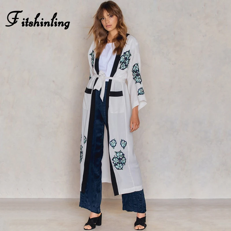 

Fitshinling Embroidery Flower Beach Kimono Pockets White Long Cardigan Holiday BOHO Bikini Outing Vintage Cover Up With Sashes