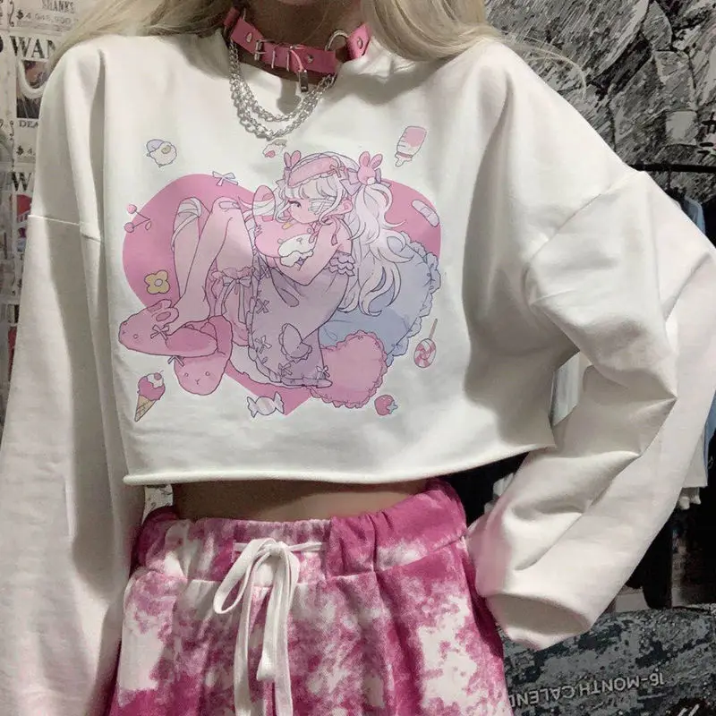 Promoción Camiseta Harajuku kawaii para mujer, ropa blanca de manga larga con estampado de chica de anime, tops holgados, jerséis para mujer neQKMLDgKX8