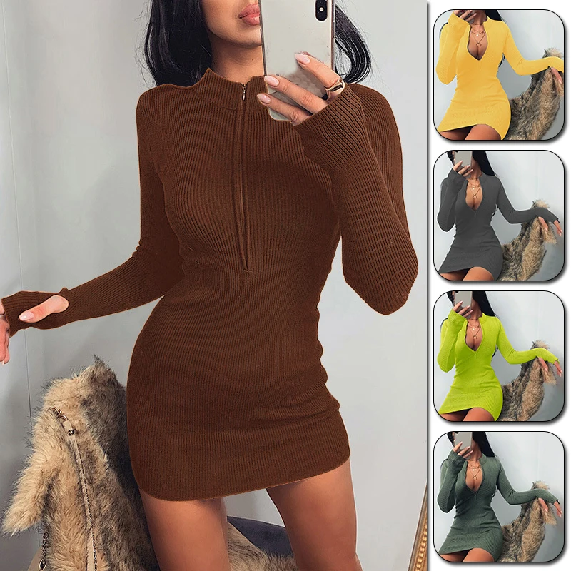 

Ladies Sexy Dress Women Half-Zip Long Sleeve Rib Bodycon Dress Autumn Slim Mini Dresses Knitwear 2020 New Clothes Plus Size 5XL