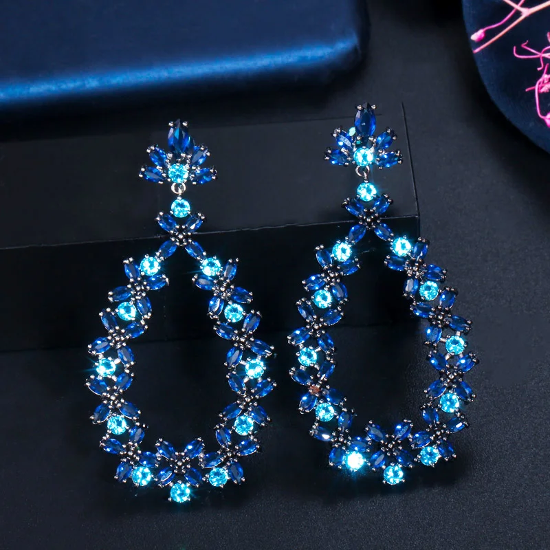 CWWZircons Drop Dangle Cluster Flower Leaf Dark Blue Cubic Zircon Crystal Long Party Earrings for Women Designer Jewelry CZ733