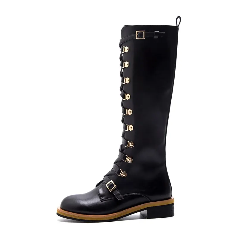 ASUMER new Genuine leather boots buckle punk women's motorcycle boots lace up autumn winter combat knee high boots women