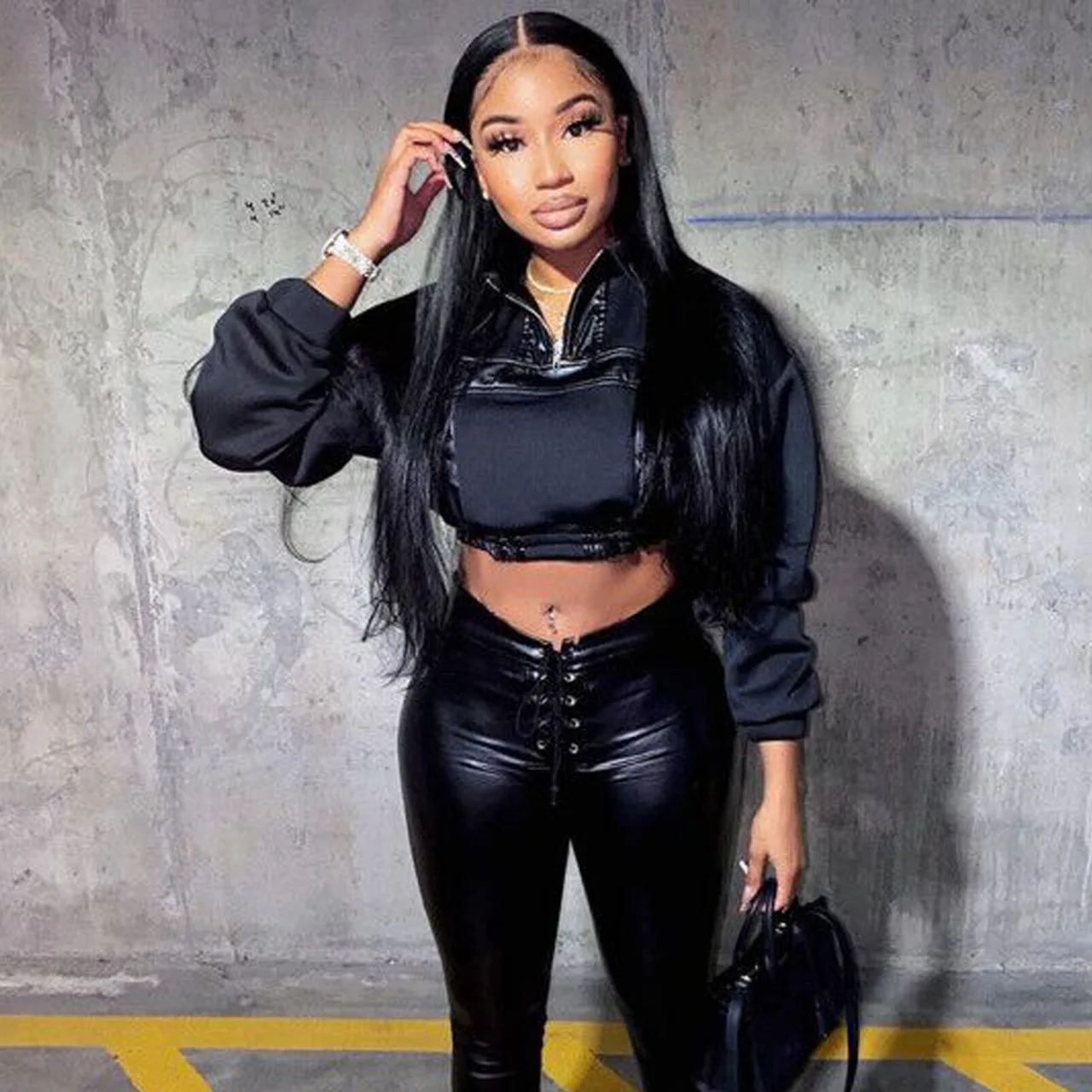 

2021 Fashion PU Leather Stitching Sweatshirts Zipper Stand Collar Long Sleeve Pullover Short Loose Casual Sports Temperament XXL