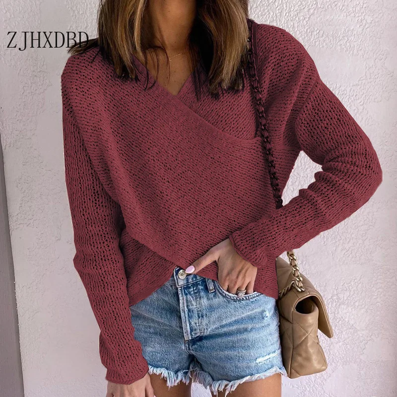 Antumn Pullover Solid Grey Criss-cross Women Winter 2020 Long Sleeve Knitted Sweater Hollow Out V Neck Knitwear Female Clothes | Женская