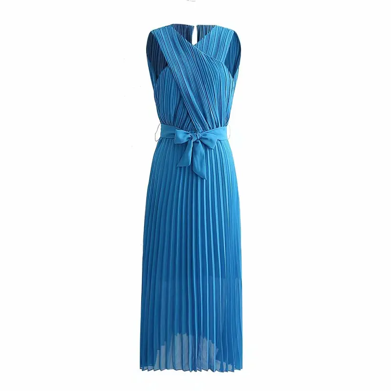 

Women Sleeveless solid Color Sash Waist Long Dresses Ladies Summer Back Hollow Out Dresses