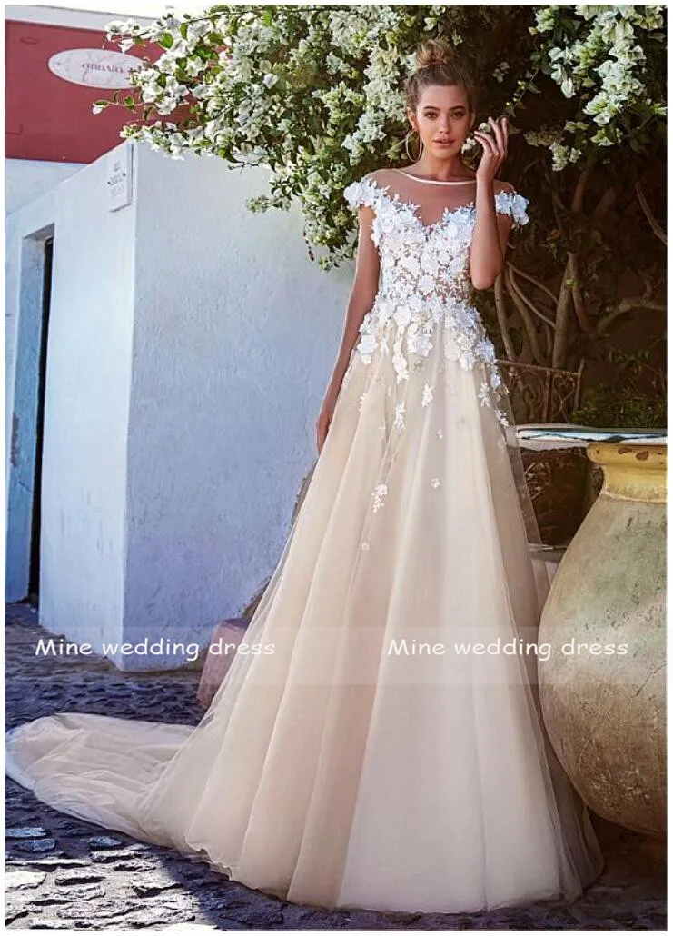Шампанское Тюлевое глубокое декольте свадебное платье Vestidos de Novia Свадебные платья невесты платье Кружева Аппликации с открытой спиной невесты