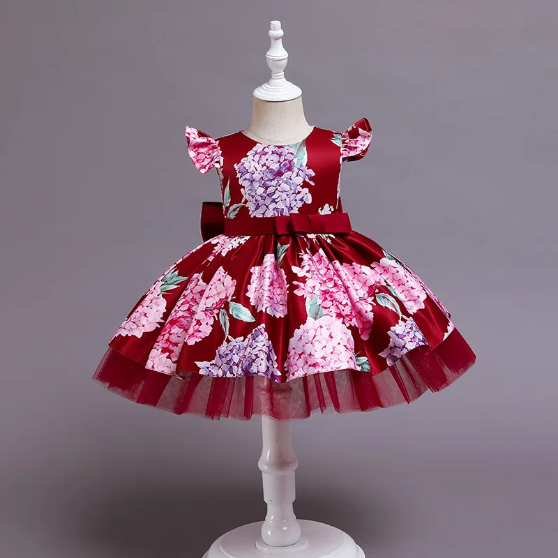 Girls Vintage Flower Print Kids Party Dress Children Costume Princess Dresses Christmas Clothes Gown 2-8 Years