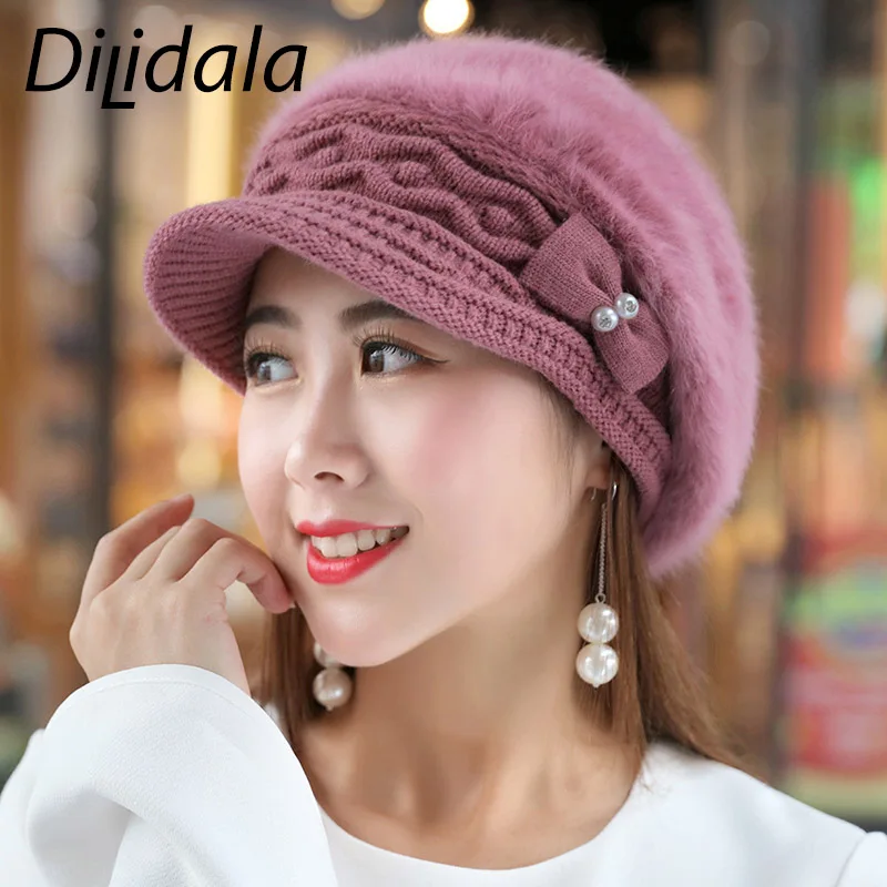 Dilidala, берет из кроличьего меха, Осень-зима, плюс бархат, Толстая теплая шапка из кроличьего меха, ветрозащитная шерстяная шапка, женские шапки, берет для женщин