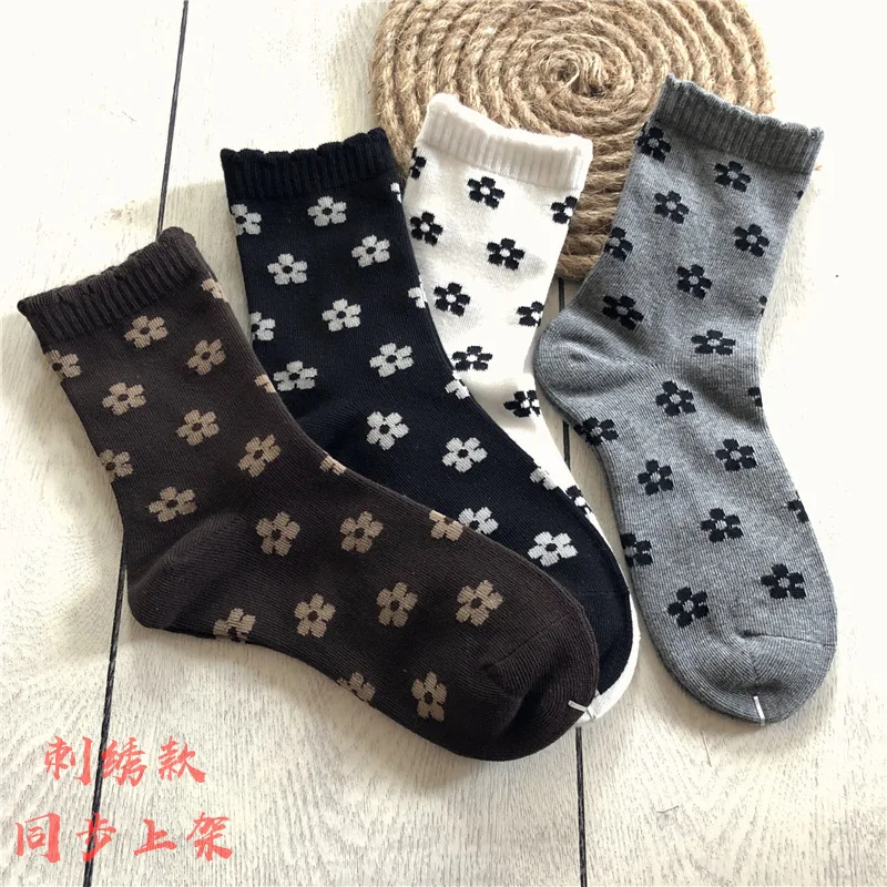 Женские теплые хлопковые носки с цветочным принтом; забавные милые носки Kawaii Happy; зимние носки в японском стиле Харадзюку; уличная одежда; Модные Повседневные носки; Skarpetki