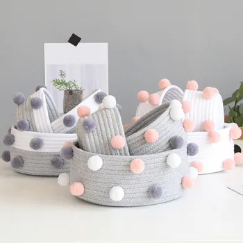 

INS Pompom Cotton Rope Storage Baskets Handmade Woven Dirty Clothes Laundry Basket Kids Toys Desktop Sundries Organizer Hamper