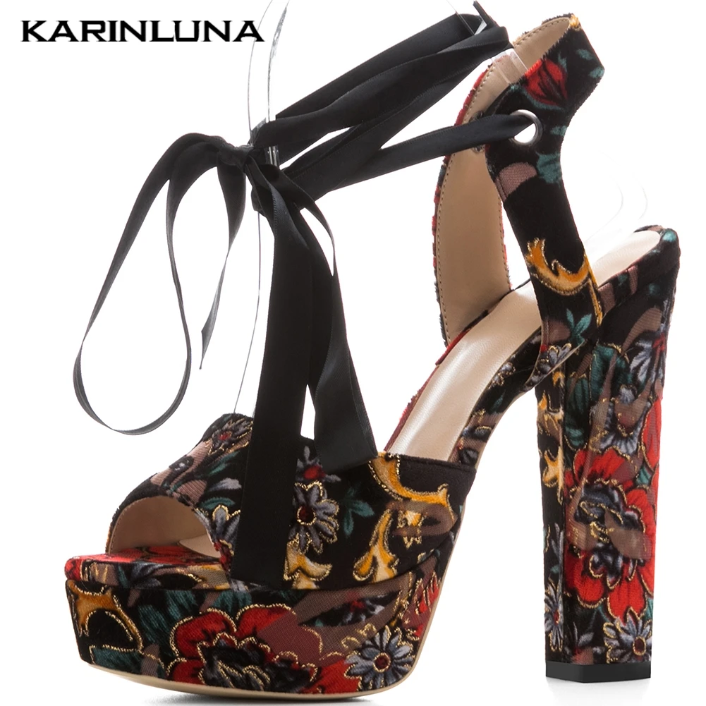 

Karinluna New Wholesale Sexy Plus Size 43 Square High Heels Print Platform Women ankle-wrap Customize Sandals Summer Shoes Woman