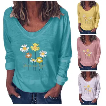 

2020 Daisy Bright Autumn Sexy V-neck Long Sleeve Women's T-shirt Loose Top tops embroidery woman tshirts
