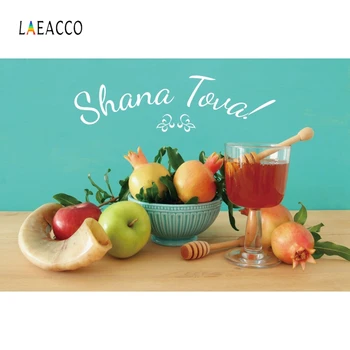 

Laeacco Apples Pomegranate Leaves Horns Honey Photography Backdrops Rosh Hashanah Photo Backgrounds Shana Tova Photophone Props
