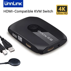 Unnlink – commutateur KVM Hdmi 4K 1080P avec extension, 2 ordinateurs portables, 1 moniteur, 4 USB 2.0, pour souris, clavier et imprimante 