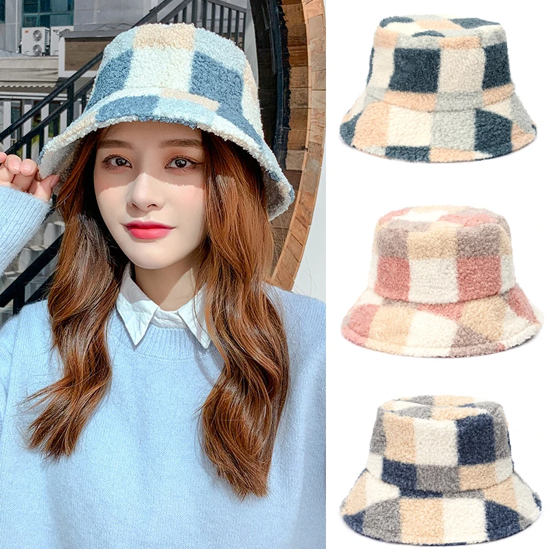 шапка Japanese Lamb Velvet Plaid Bucket 