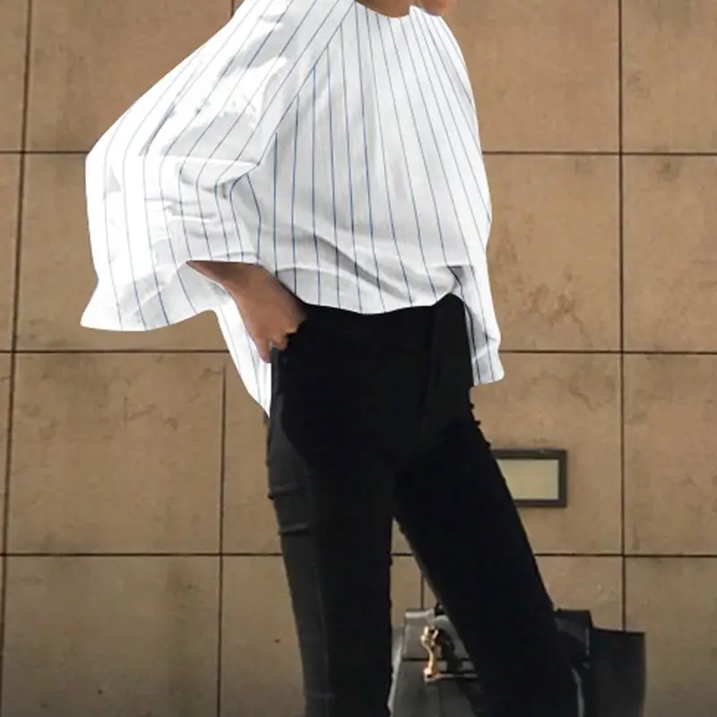 Celmia, женские рубашки в полоску, осенняя блуза с длинным рукавом-фонариком, Повседневная Свободная открытая уличная офисная блуза, женские топы размера плюс - Цвет: Белый