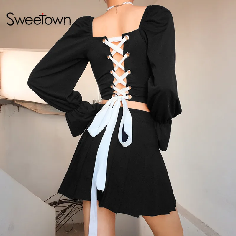 Online Sweetown 2019 otoño negro Cruz vendaje Crop camisetas mujeres Manga mariposa cuello cuadrado señoras camiseta ropa coreana