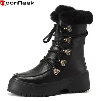 

MoonMeek 2021 Genuine Leather Boots Fashion Lace Up Comfortable Women Brand Boots Square Heels Round Toe Platform Ankle Boots