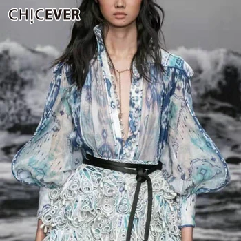 

CHICEVER Elegant Hit Color Print Women's Shirts Stand Collar Lantern Long Sleeve Casual Autumn Female Blouses 2020 Fashion
