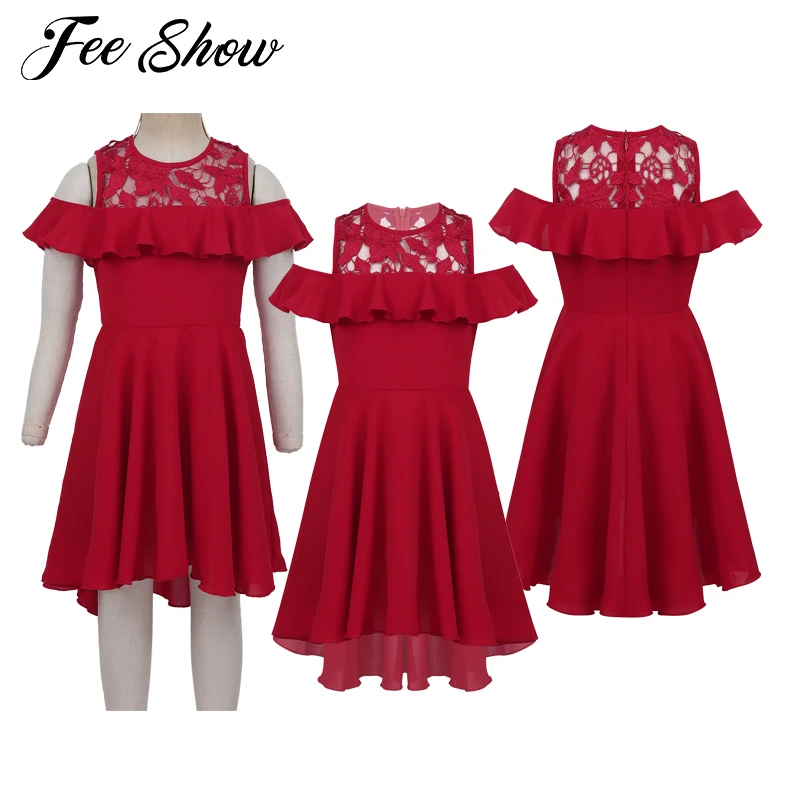 Cold Shoulder Ruffle Trimmings Lace Splice High-Low Hem Girls Party Dress Summer Cap Sleeve Cute A-Line Flared Dresses For Kids | Детская