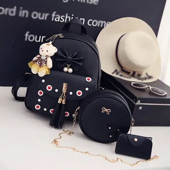 

3pc Fashion Women's Bags Beading Solid Color Bow Tassel Small Fresh Soft Leather Shoulder Bag For Women Messenger Bag Zipper