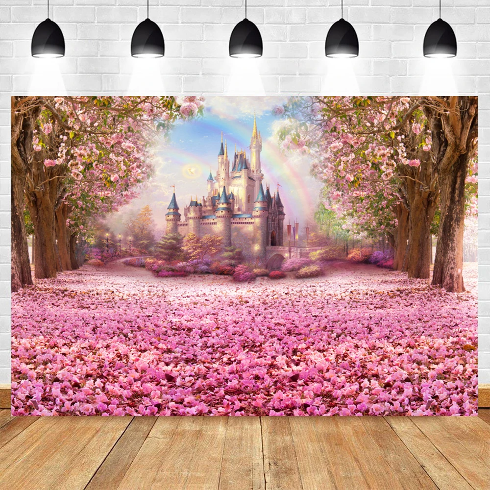 

Cherry Pink Flowers Spring Photography Backdrop Rainbow Fairy tale Castle baby shower Children Princess Photo Background S-2711