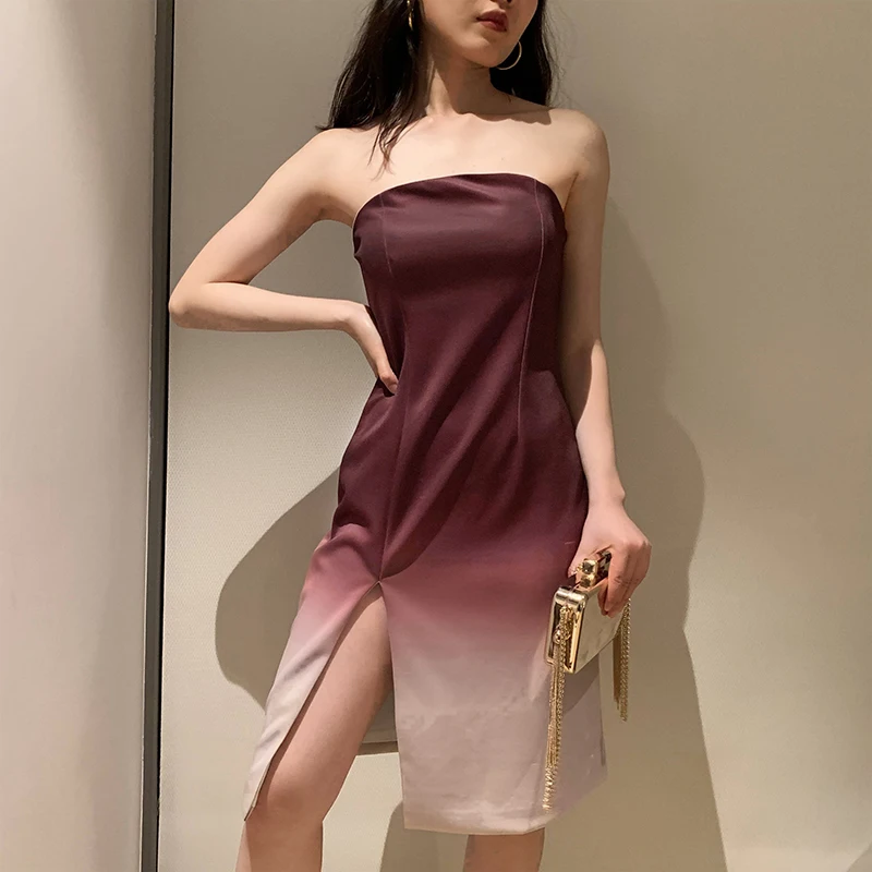 

Summer Sexy Evening Party Dress Fashion Ladies Gradient Strapless Backless Split Bodycon Dresses Female Mini Vestidos
