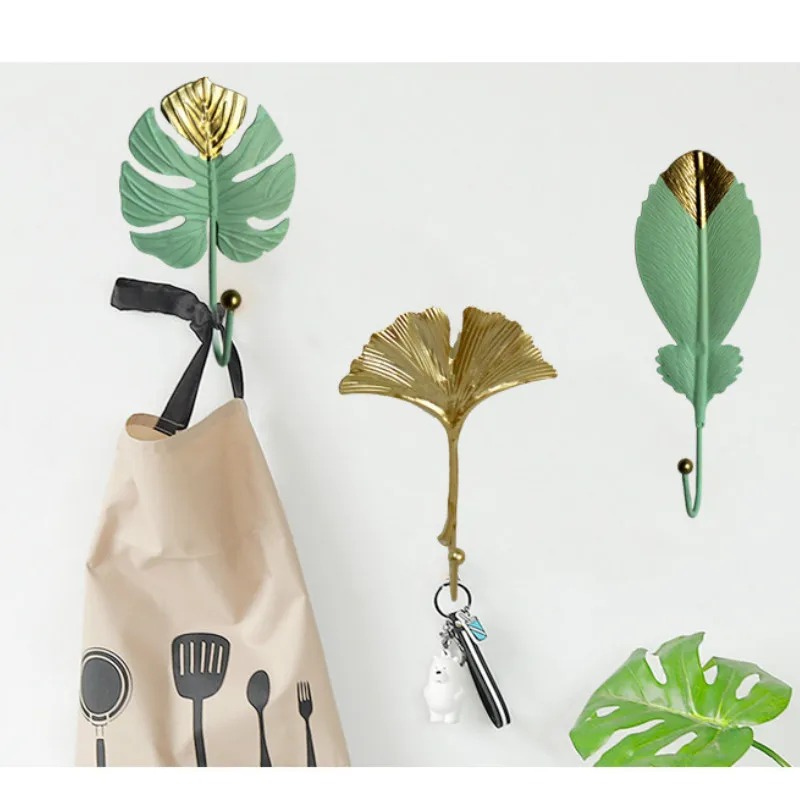 

Nordic Light Luxury Golden Leaves Wall Hooks for Hanging Clothes No-punch Wall Hanger Coat Key Hook Decorative Home Organizer