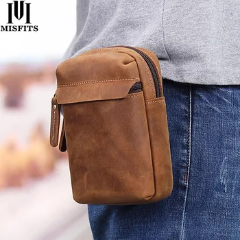 

Quenya crazy horse leather waist packs men vintage small fanny pack with Cigarette case belt phone bag Male hook loops bum bag