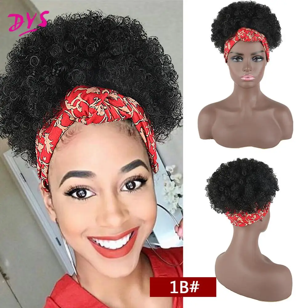 Alta Puff turbante de cola de caballo Afro corto rizado Cola de Caballo Headwrap de-Cola de Caballo 2 en 1 recogido la de peluca turbante
