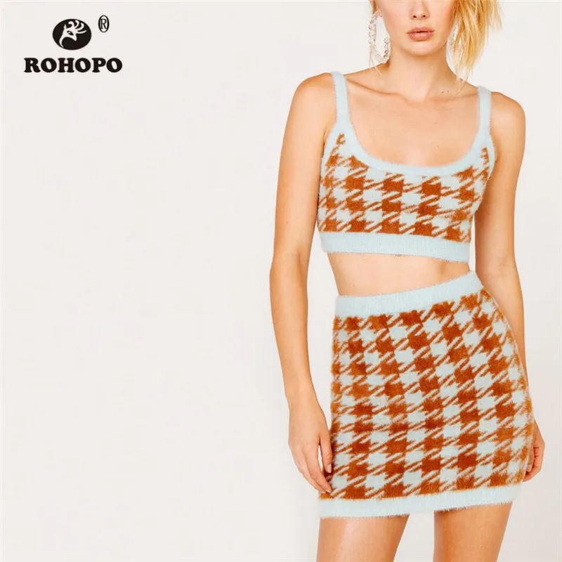 

ROHOPO High Waist Houndstooth Knitted Mini Straight Skirt Sky Blue Basic Color Female Chic Cute Short Elastic Falda #9658