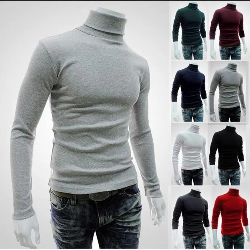 Jersey de manga larga con Cuello alto para Hombre, Jersey de punto, Color sólido, moda 2020