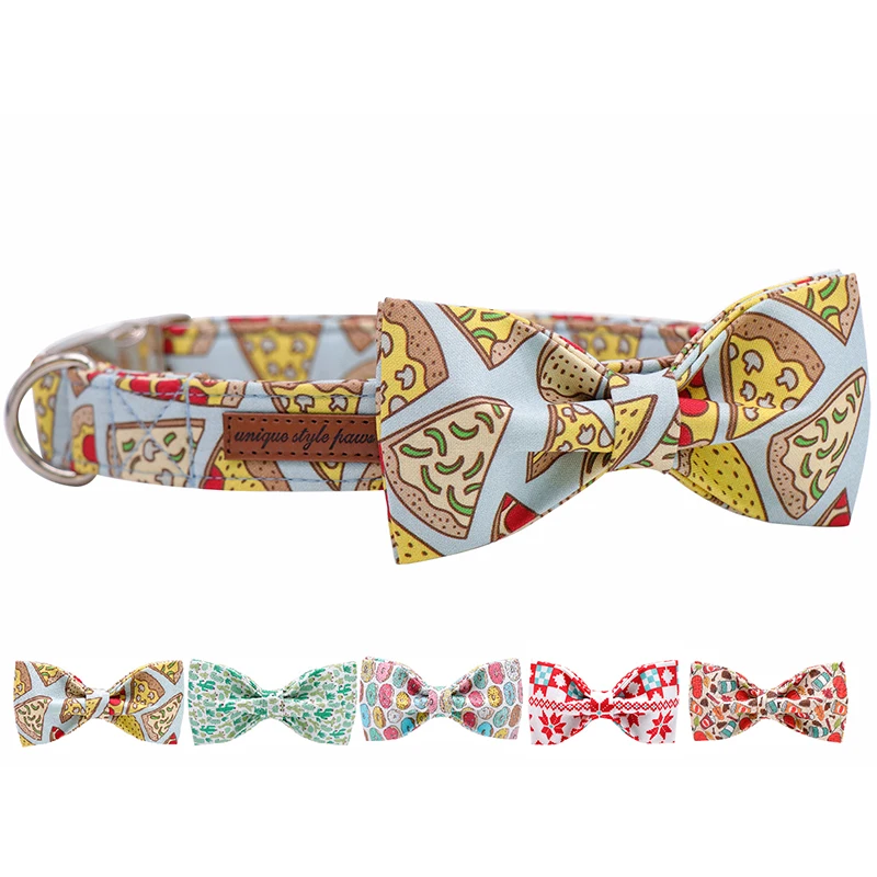 

PIZZA Cotton Fabric Dog Collar and Leash Set with Bow Tie for Big and Small Dog Metal Buckle Pet Accessories