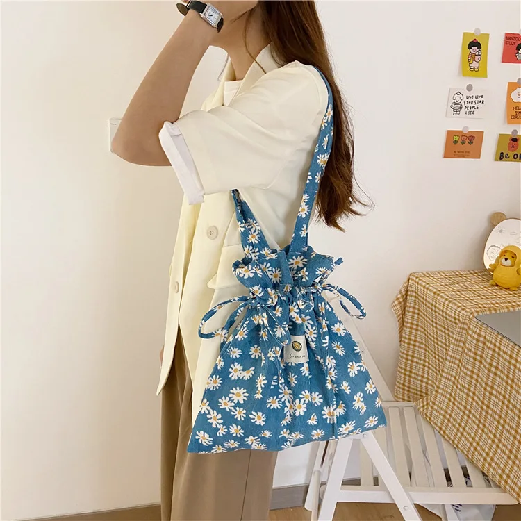 

Drawstring Ladies Large Eco Shopping Bags Vintage Corduroy Small Daisy Women Cloth Shoulder Bag Girls Student Book Tote Handbags