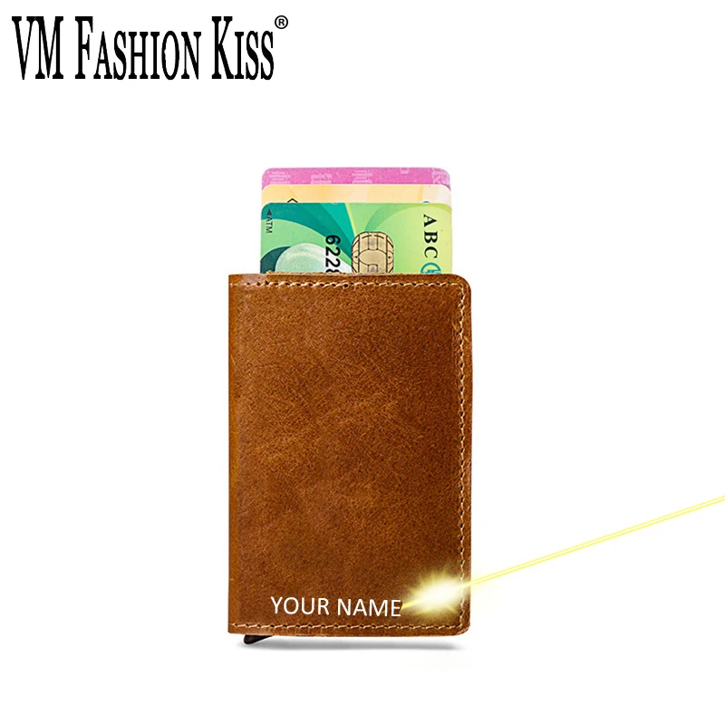 Portefeuille En Cuir Veritable Avec Lettrage Personnalise Rfid Porte Cartes De Credit Brosse Antivol Boite A Cartes En Aluminium Etui Automatique Pour Homme De Luxe Aliexpress