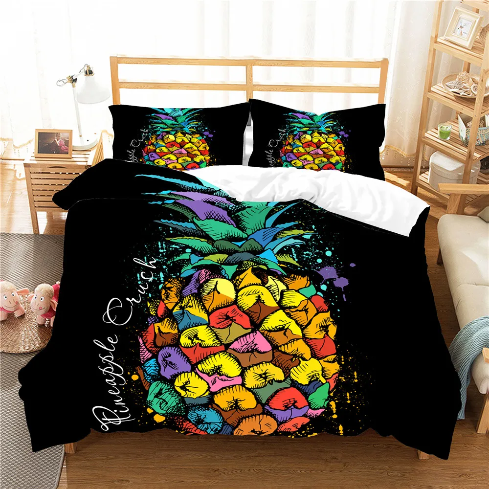 

Black Bedding Clothes Bed Linens Color Pineapple Printed Home Textiles with Pillowcases King Double Single Size Bedroom Coverlet