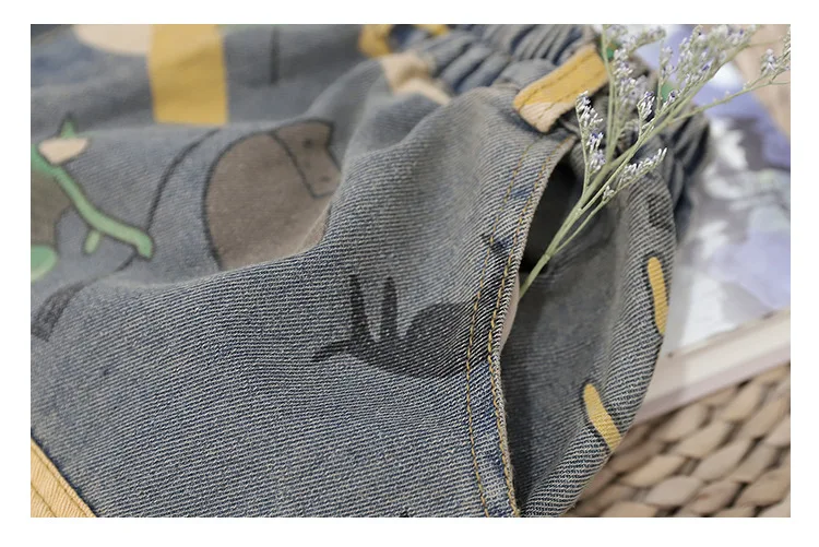 Autumn Jeans Women Elastic Waist Loose Retro Print Denim Pants New Ladies Casual Pocket Spliced All-match Trousers