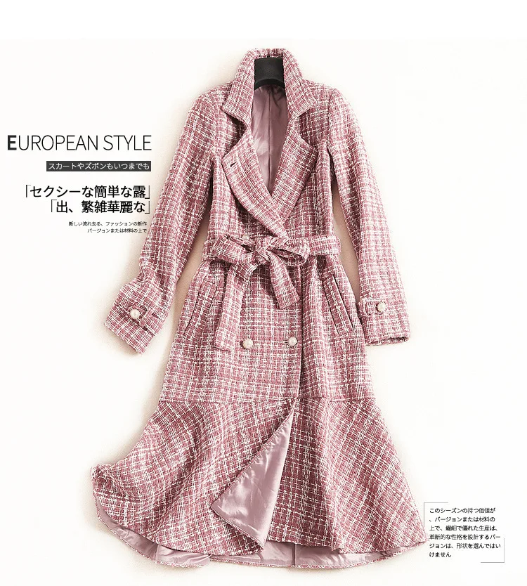 Long Woolen Coat Female Winter Fashion Slim Plaid Ruffled Single-breasted Female Coat J10081