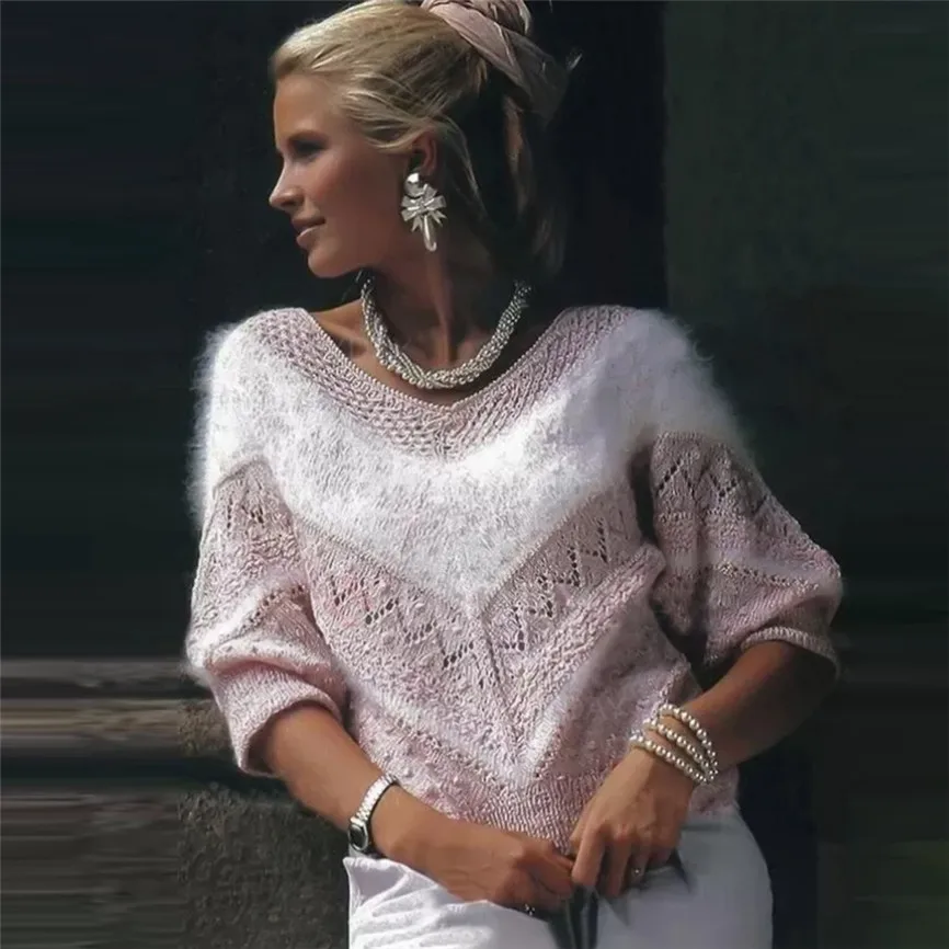 

Fashion Women O-Neck Symmetrical V Pattern Warm Winter Loose Kint Pullover Top Solid Patchwork Korean Sweaters Hot