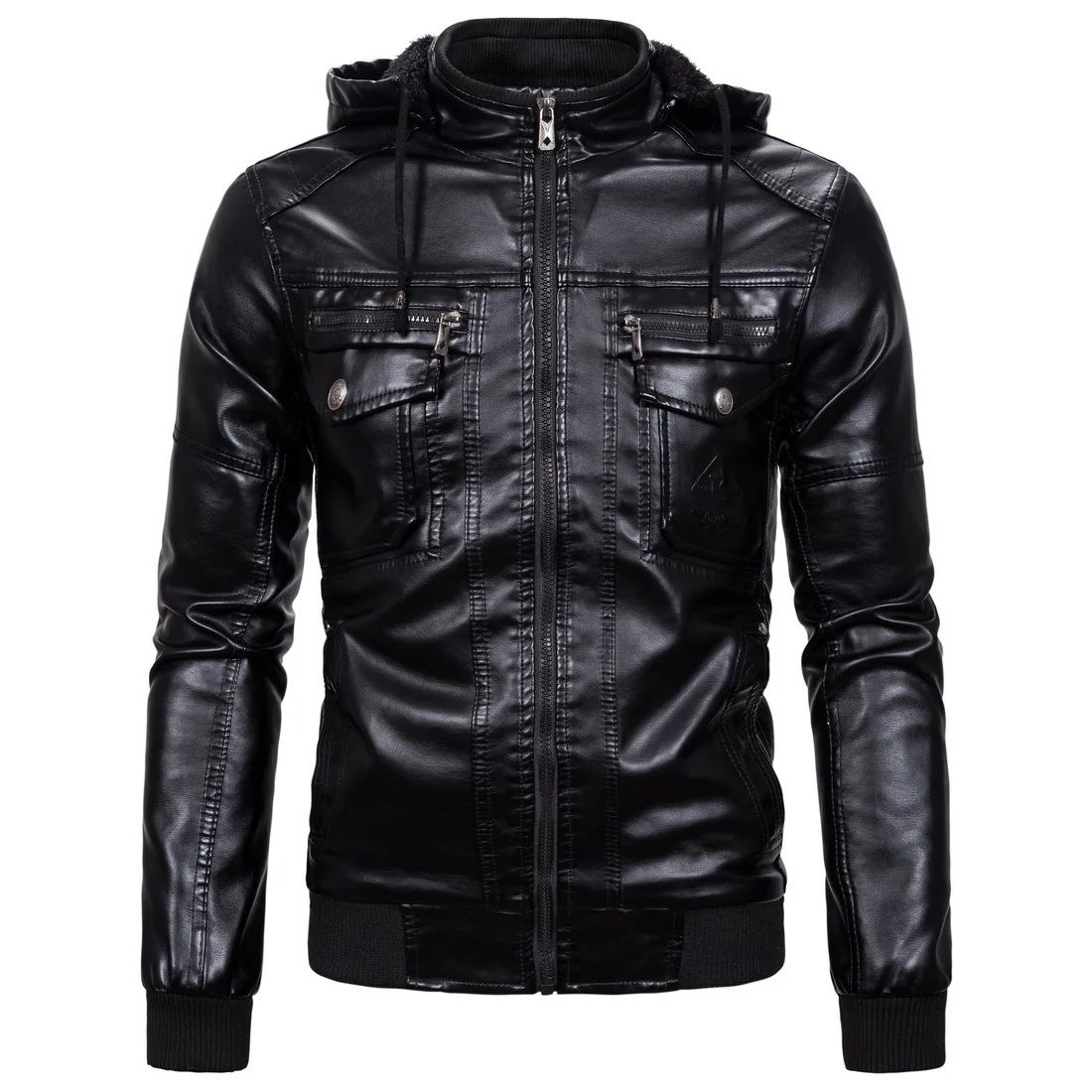 

AliExpress Winter MEN'S Leather Coat plus Velvet Warm Leather Coat Faux Sheep Skin Hooded Leather Coat 1603