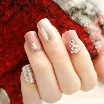 

24 Pcs New Pearl White With Artificial Diamond False Nails Fashion Popular Fake Nails For Ladies And Girls With Glue Stickers