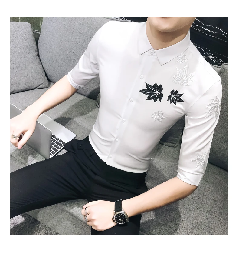 Мужская рубашка с вышивкой, высокое качество, Camisa Masculina Blcak, белая рубашка с коротким рукавом, рубашка для ночного клуба, Chemise Homme, уличная одежда