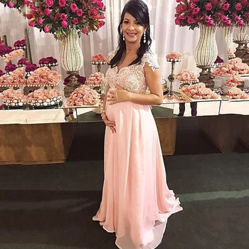 

Evening Dress 2020 Lace Appliques Arabic Cap Sleeves Pink Chiffon Long Prom Dress Formal Pregnant Gowns vestido de festa