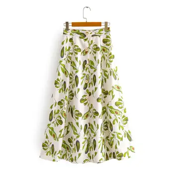 

2020 Women fashion fresh green fruit print breasted button midi skirt faldas mujer lady casual vestidos chic A line skirt QUN591