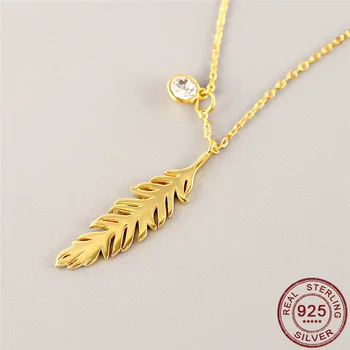 

Fashion Gold Color Feather Pendant Necklace CZ Stone Temperament 925 Sterling Silver Necklaces for Women Jewelry Female Gift New