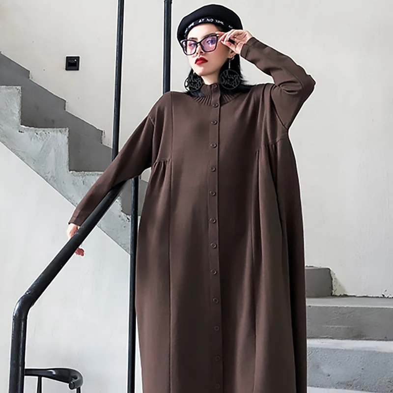 [EAM] женское Плиссированное Черное длинное вязаное платье большого размера, новинка, воротник-стойка, длинный рукав, свободный крой, Мода весна-осень, 1K845