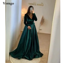 

Verngo Simple Velour And Satin A Line Evening Dresses Long Sleeves V Neck Belt Women Old Green Prom Gowns Formal Event Garment