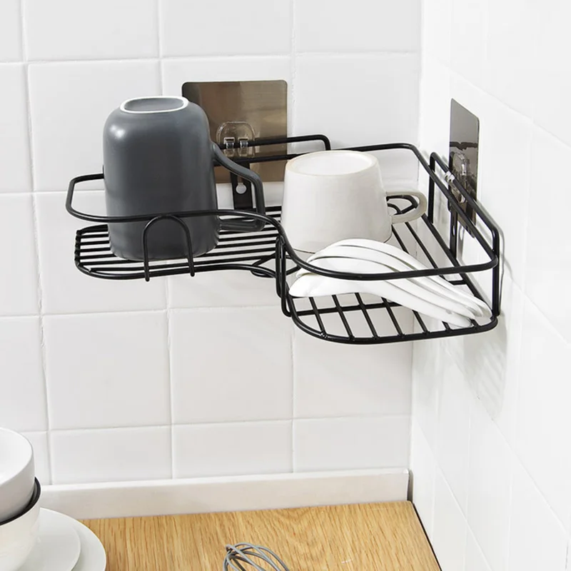 Multifunctional Bathroom Shower Basket Metal Iron Corner Sundries Storage Shelf Stand Wall Hook Hanging Drain Rack Organizer