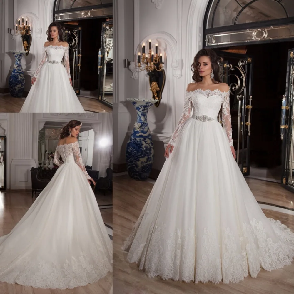 

New Style Boat Neck Long Sleeve Lace Wedding Dresses Gowns Off The Shoulder Vintage Bridal Gowns Vestidos Robe De Mariee 2016