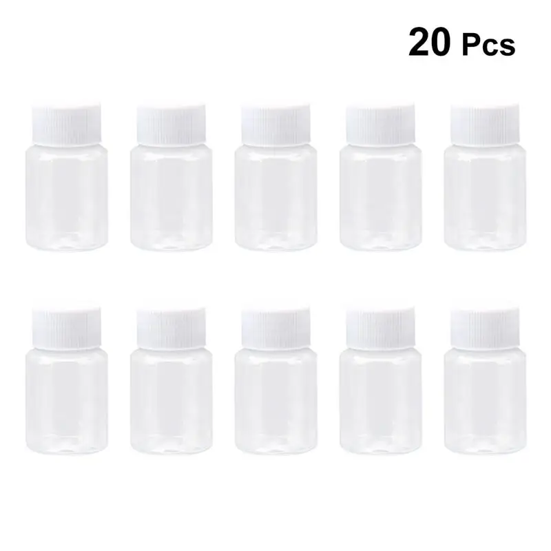 

20 Pcs 50ml Transparent Plastic Storage Bottles Refillable Empty Container Jars Tins with Lid for Pills Cream Liquid Pigment